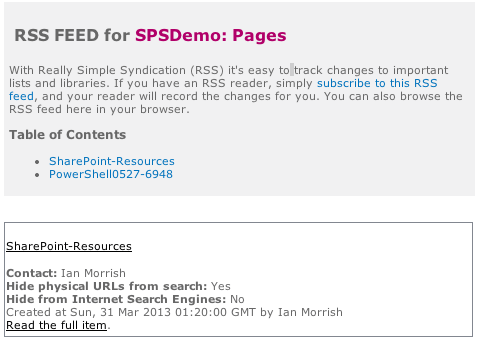 SharePoint 2010 RSS page with styling applied