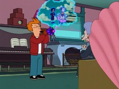 Fry from Futurama playing a holophonor, projecting a visual image to the audience